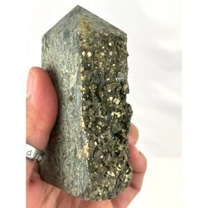 Pyrite Obelisk Wand Polished One Side Raw Edge Fools Gold Crystal 229 grams